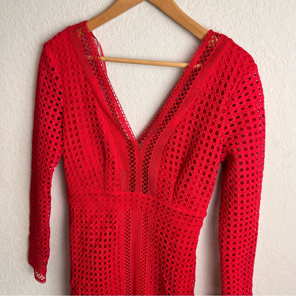 ASTR The Label Red Lace Bodycon Mini Dress Small S Long Sleeve Cutout Eyelet - Picture 7 of 11